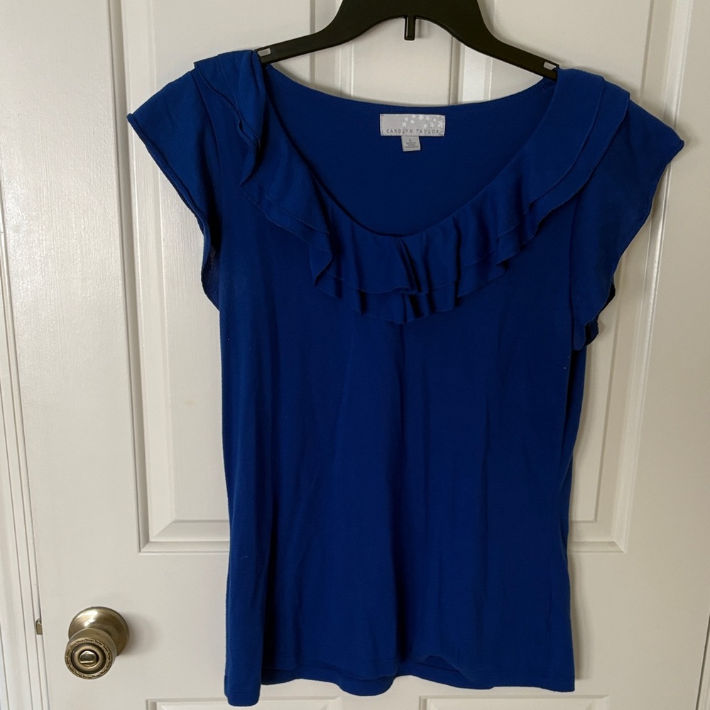 Carolyn Taylor Cobalt Blue Ruffle-Neck Short Sleeve Tee